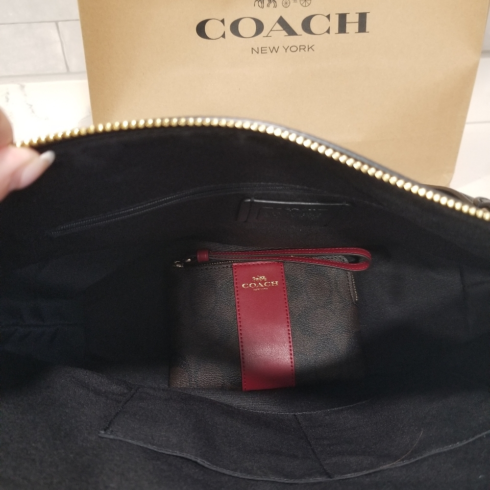 NWT! COACH BROWN/BLACK GALLERY TOTE AND CORNER ZIP WRISTLET WITH RED STRIPE - Picture 12 of 12